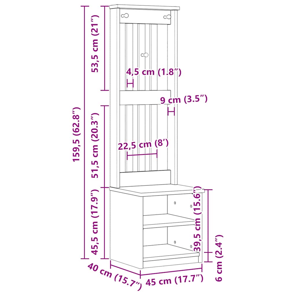 Drvo za dvoranu SANDNES bijelo 45x40x159,5 cm puno drvo bor
