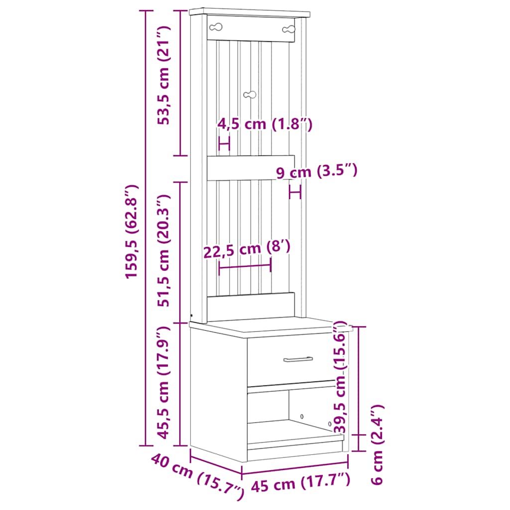 Drvo za dvoranu SANDNES 45x40x159,5 cm puno drvo bor