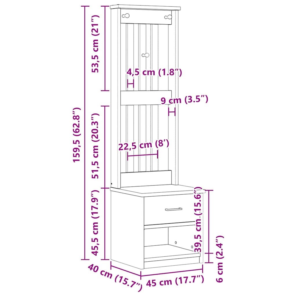Drvo za dvoranu SANDNES bijelo 45x40x159,5 cm puno drvo bor