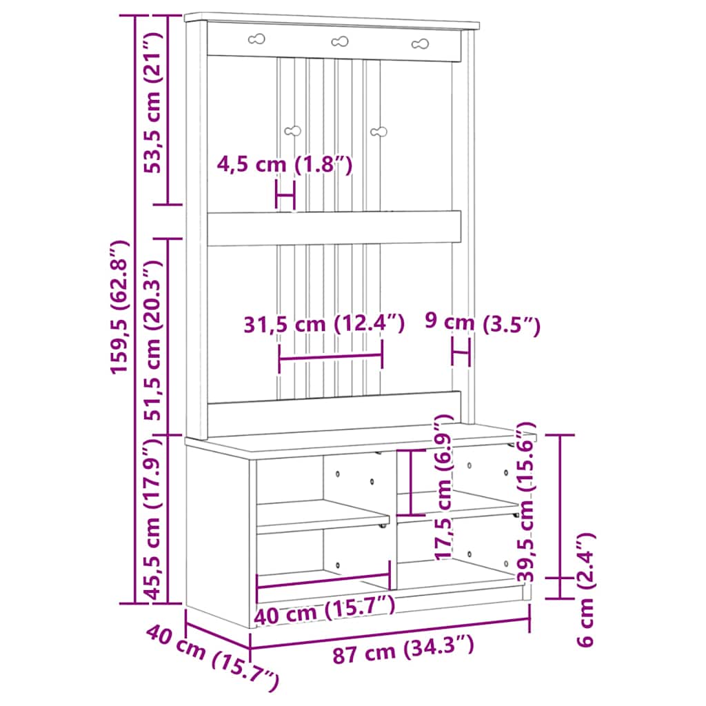 Drvo za dvoranu SANDNES 87x40x159,5 cm puno drvo bor