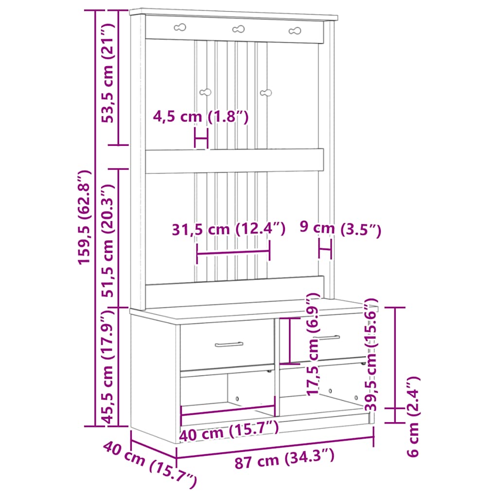 Drvo za dvoranu SANDNES 87x40x159,5 cm puno drvo bor