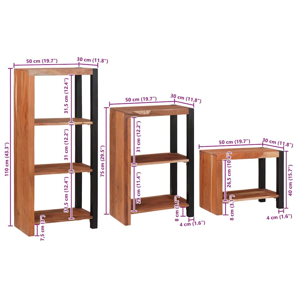 Polica 3 pcs Smeđa 50 x 30 x 110 cm Čvrsto drvo akacije