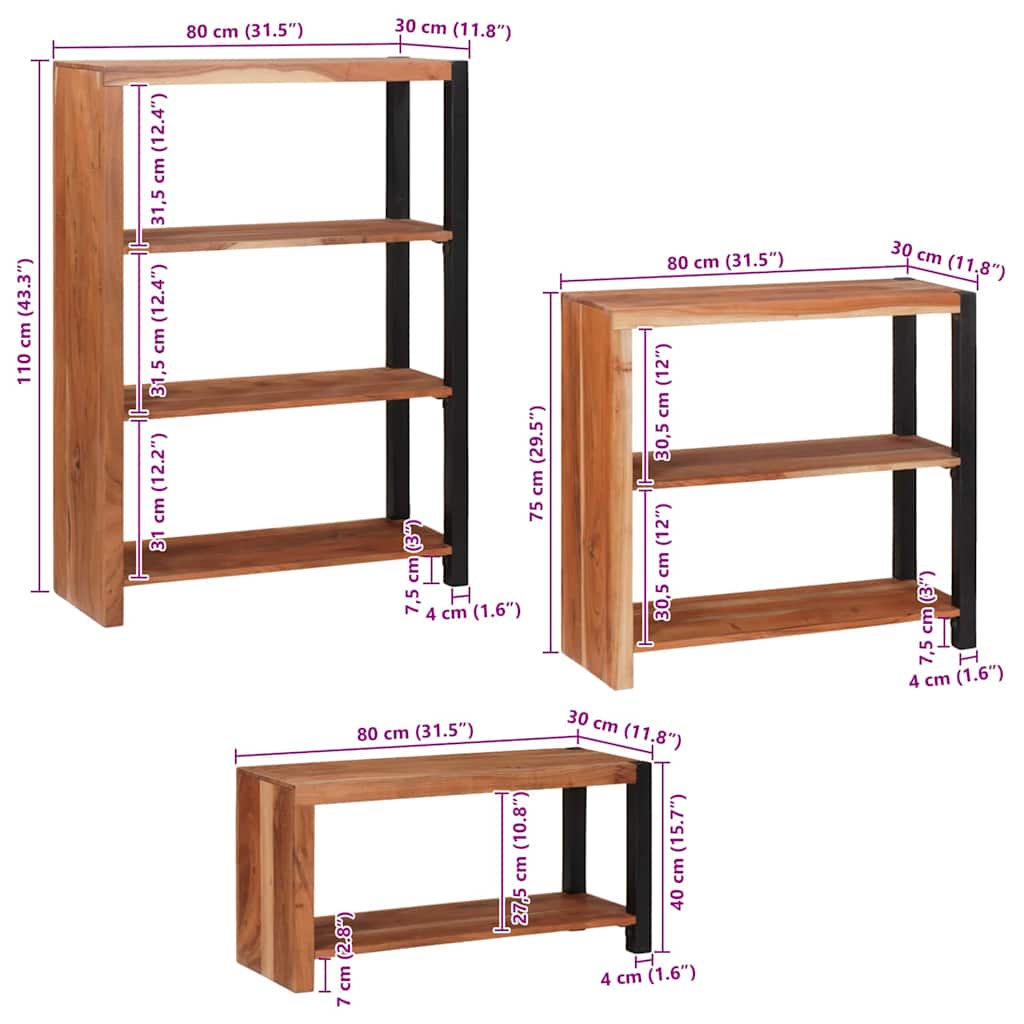 Polica 3 pcs Smeđa 80 x 30 x 110 cm Čvrsto drvo akacije