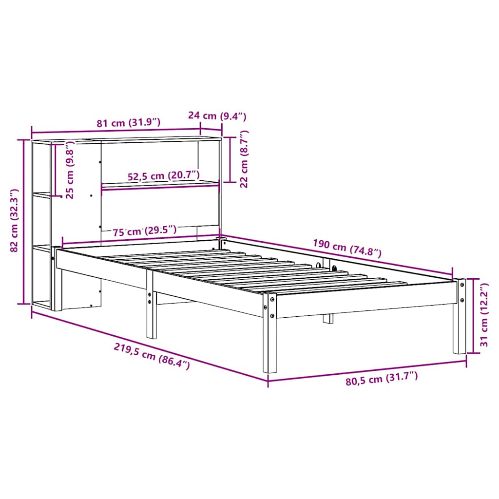 Krevet s regalom za knjige bez madraca bijeli 75x190cm borovina