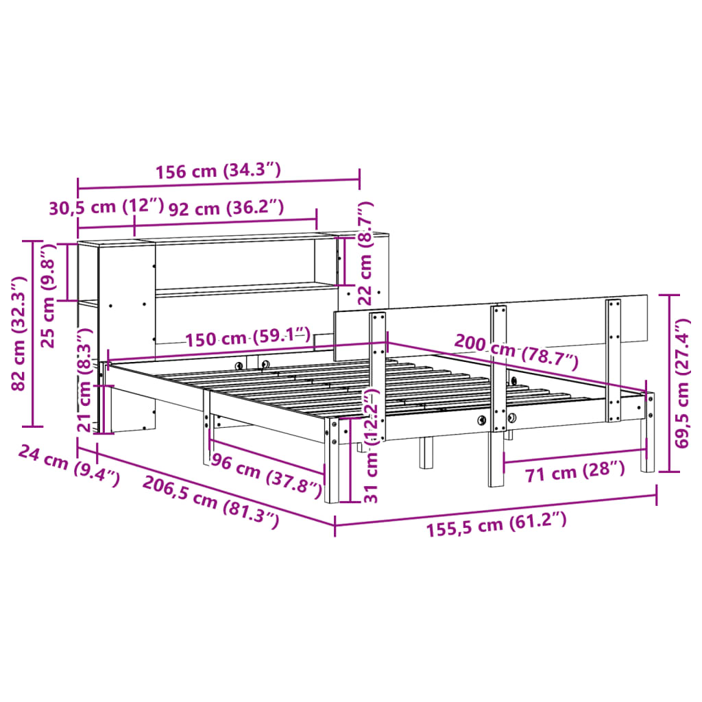 Krevet s regalom z knjige bez madraca bijeli 150x200cm borovina