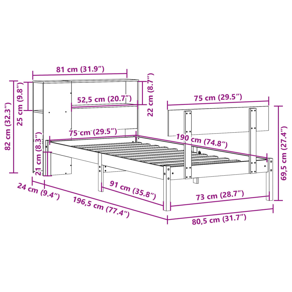 Krevet s regalom za knjige bez madraca bijeli 75x190cm borovina
