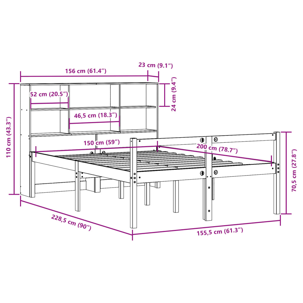 Krevet s regalom za knjige bez madraca 150x200 cm masivno drvo