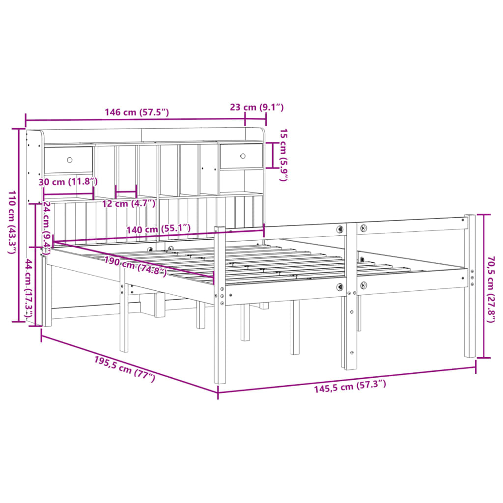 Krevet s regalom z knjige bez madraca bijeli 140x190cm borovina