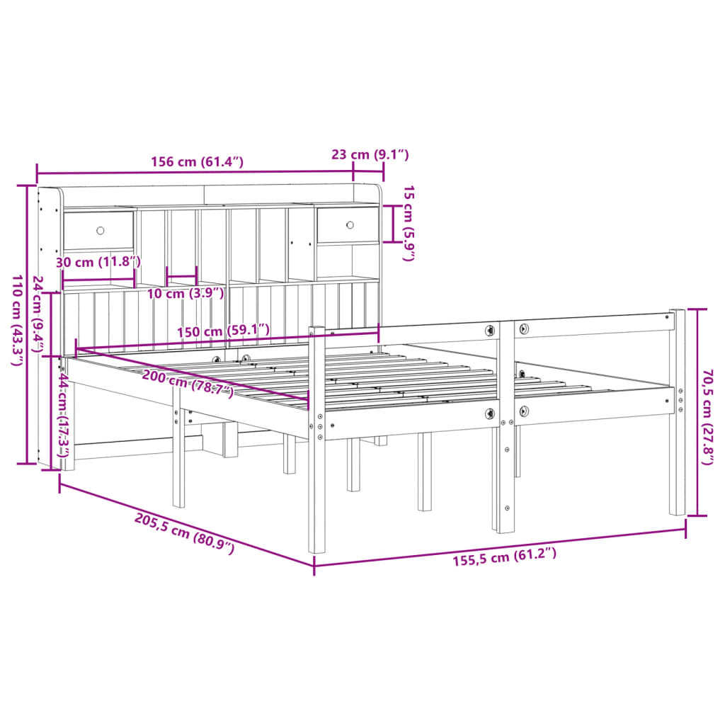 Krevet s regalom z knjige bez madraca bijeli 150x200cm borovina