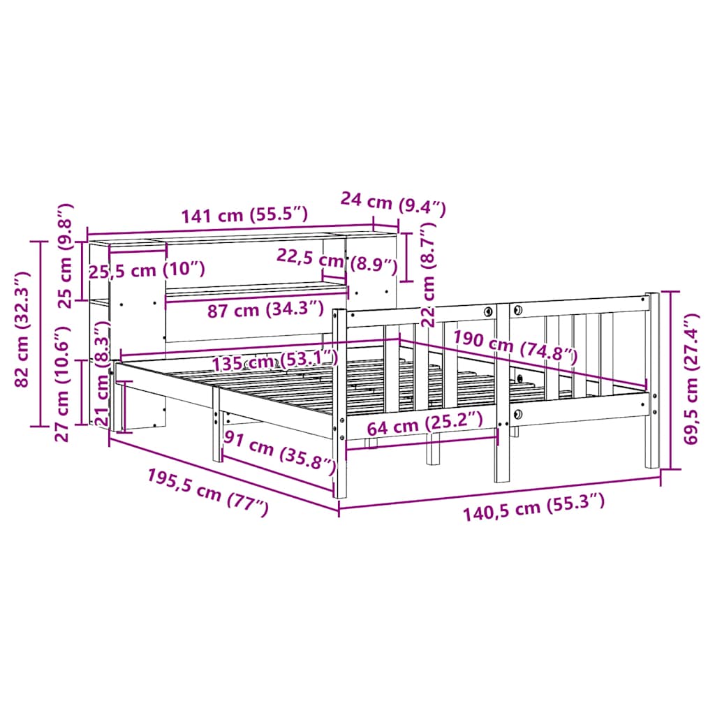 Krevet s regalom za knjige bez madraca 135x190 cm od borovine