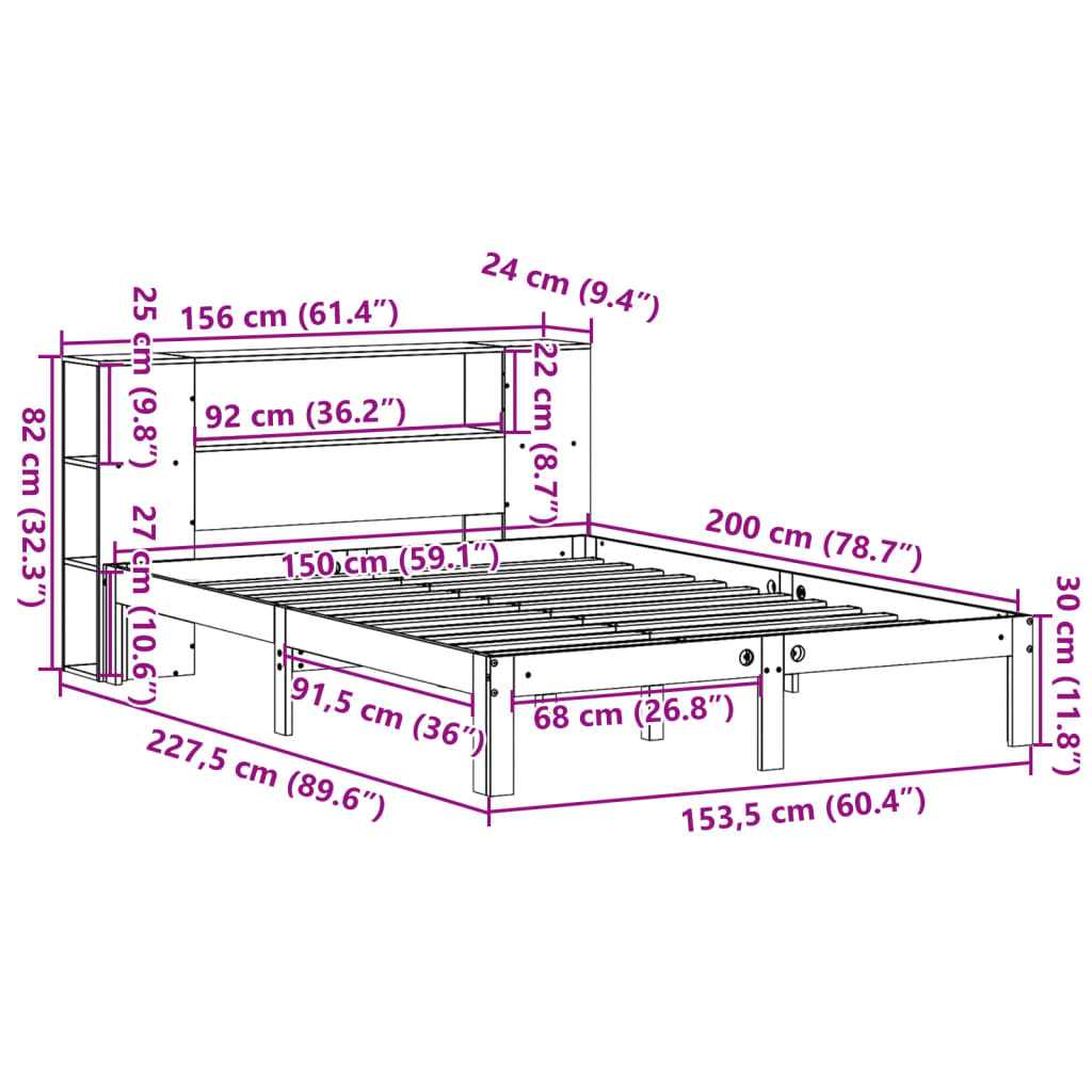 Krevet s regalom z knjige bez madraca bijeli 150x200cm borovina
