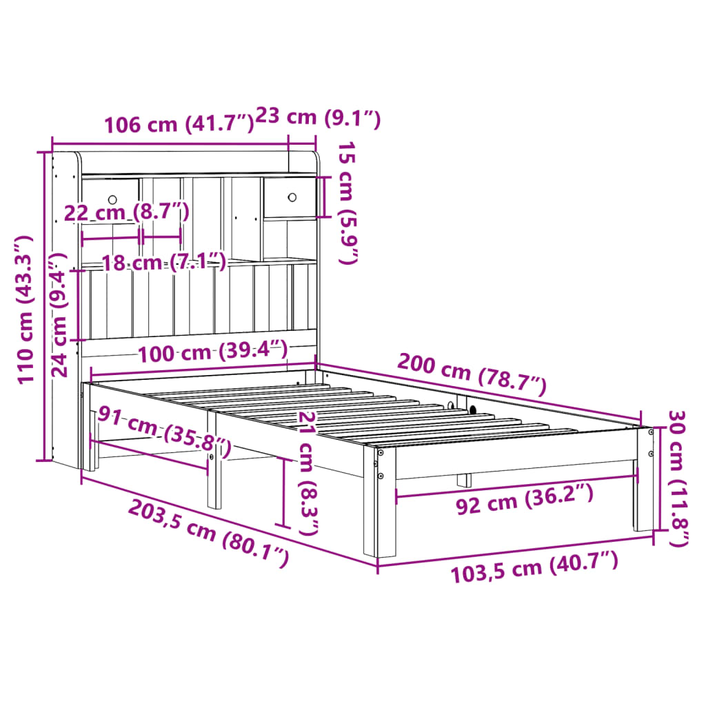 Krevet s regalom za knjige bez madraca 100x200 cm borovina