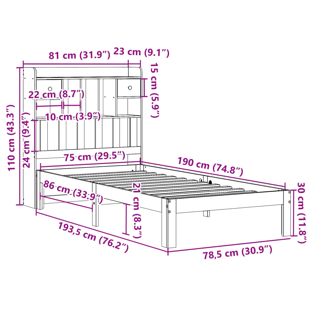 Krevet s regalom za knjige bez madraca 75 x 190 cm od borovine