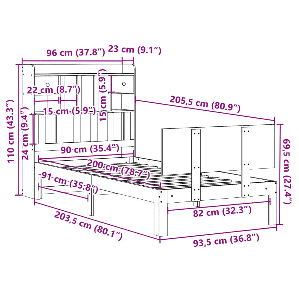 Krevet s regalom za knjige bez madraca bijeli 90x200cm borovina