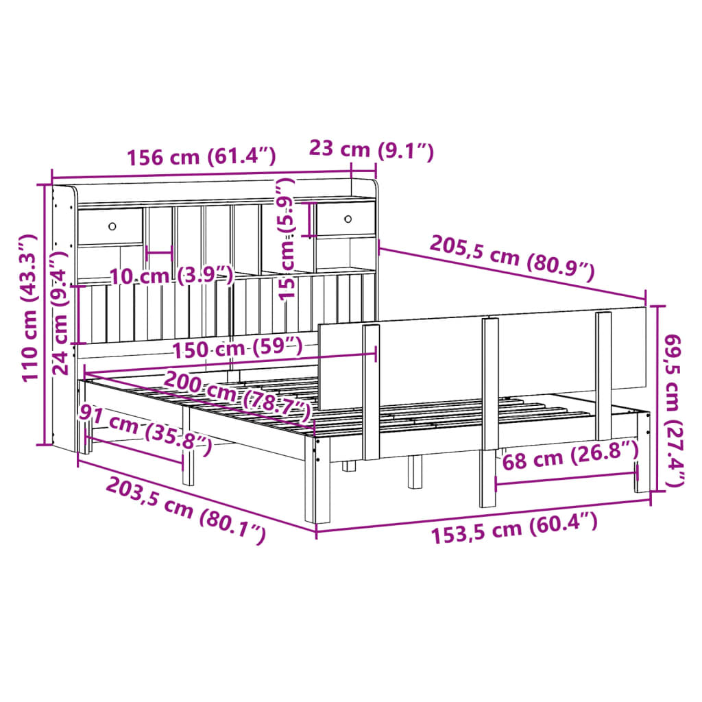 Krevet s regalom z knjige bez madraca bijeli 150x200cm borovina