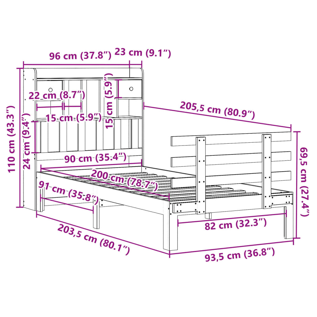 Krevet s regalom za knjige bez madraca bijeli 90x200cm borovina