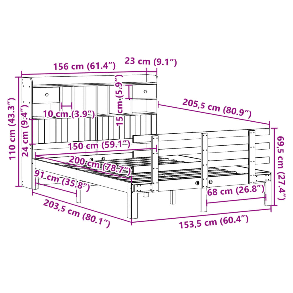 Krevet s regalom z knjige bez madraca bijeli 150x200cm borovina