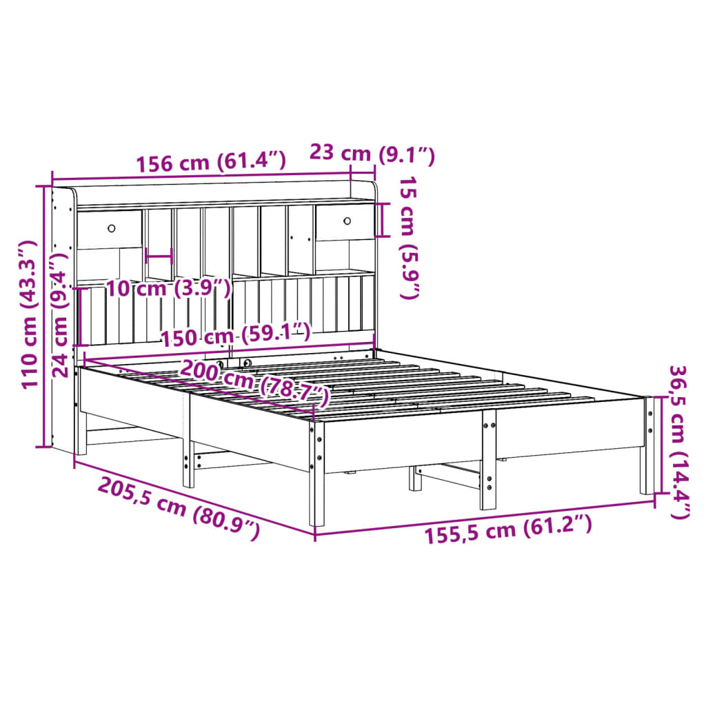 Krevet s regalom z knjige bez madraca bijeli 150x200cm borovina