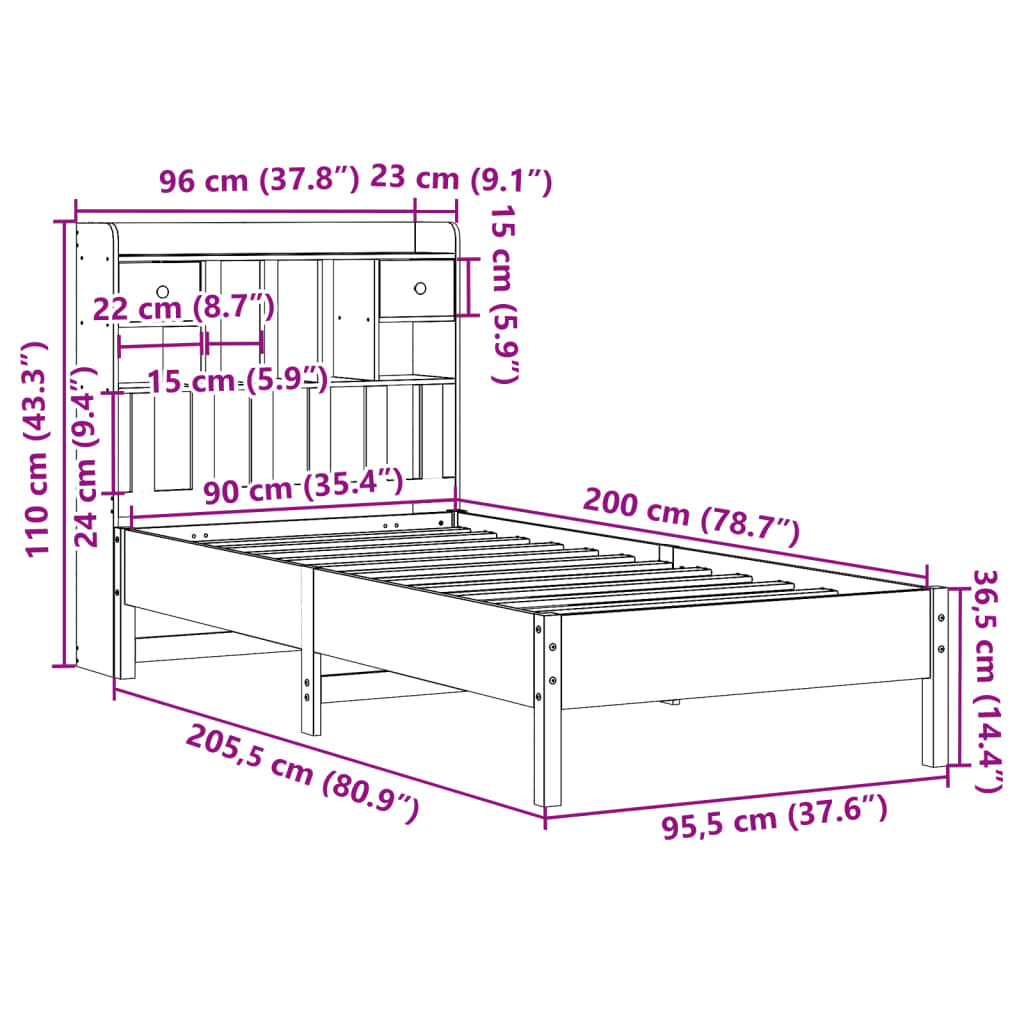 Krevet s regalom za knjige bez madraca bijeli 90x200cm borovina