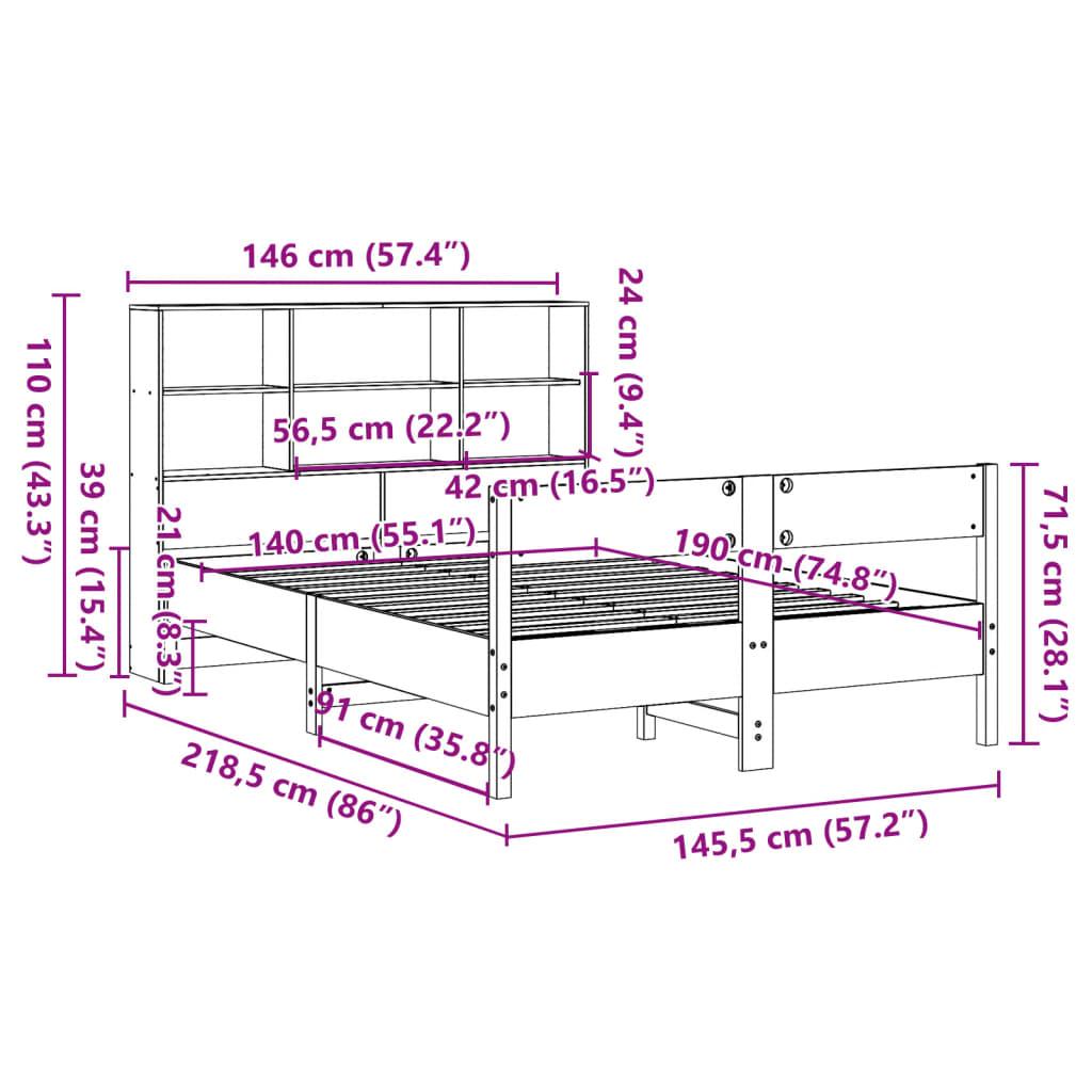Krevet s regalom za knjige bez madraca 140 x 190 cm od borovine