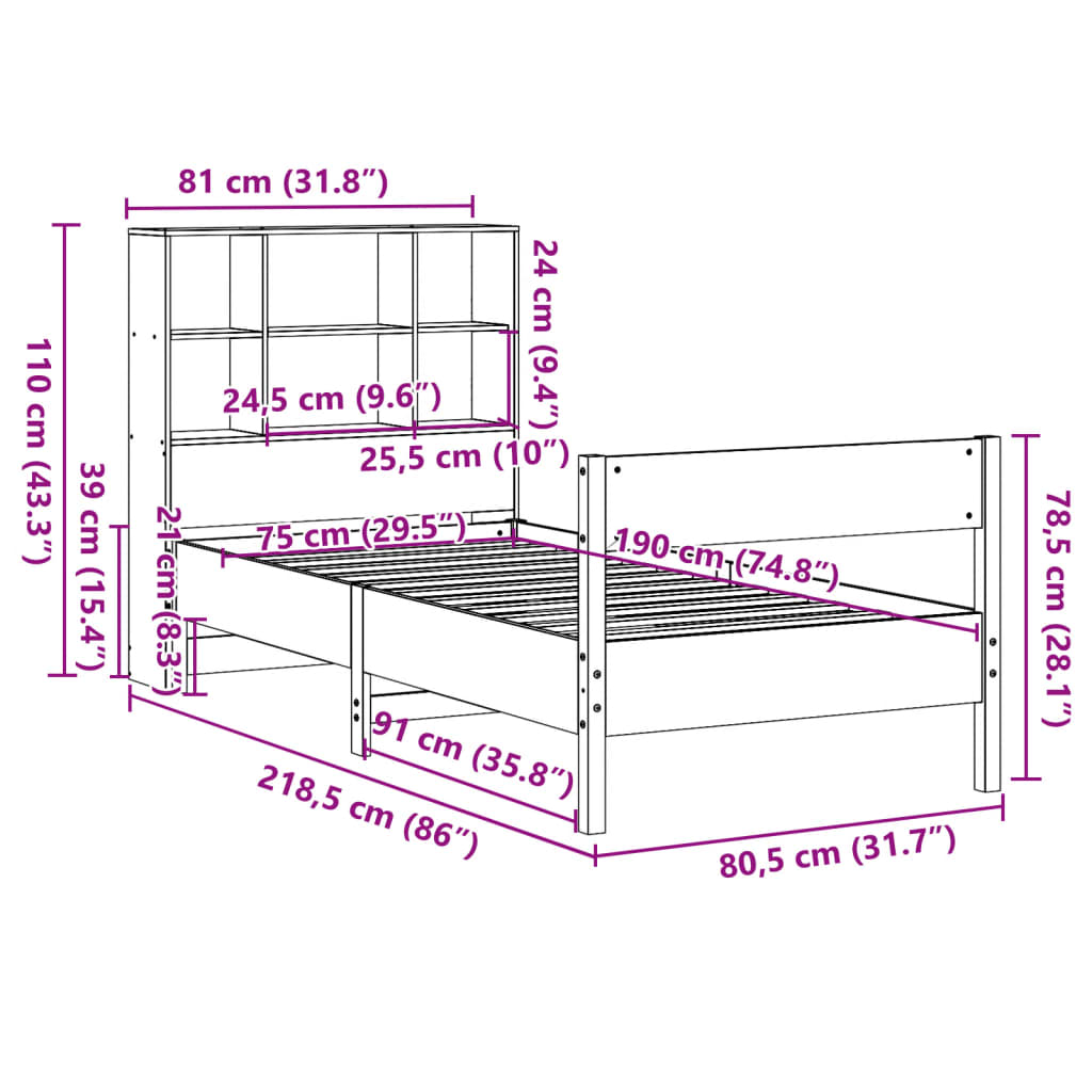 Krevet s regalom za knjige bez madraca 75 x 190 cm od borovine