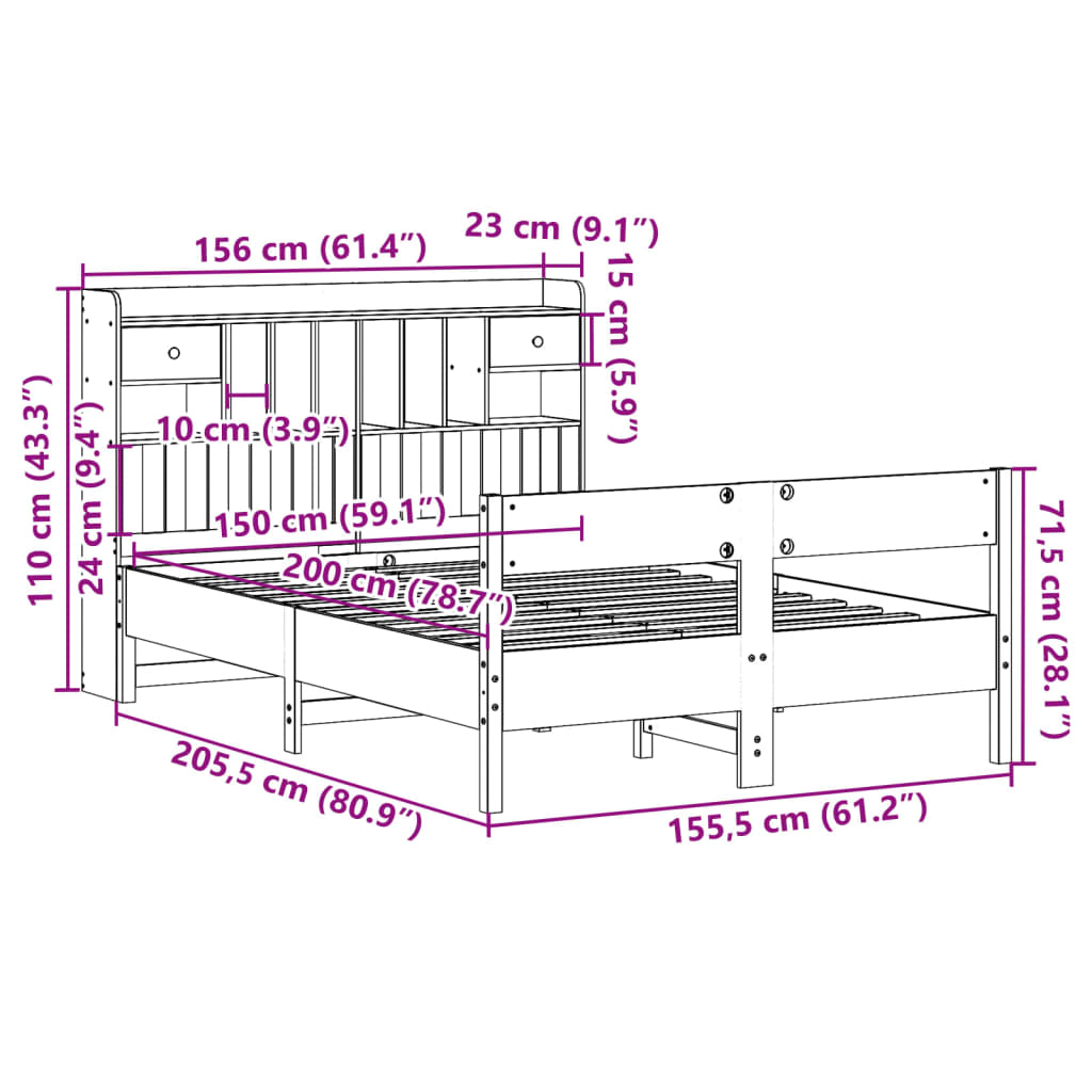Krevet s regalom z knjige bez madraca bijeli 150x200cm borovina