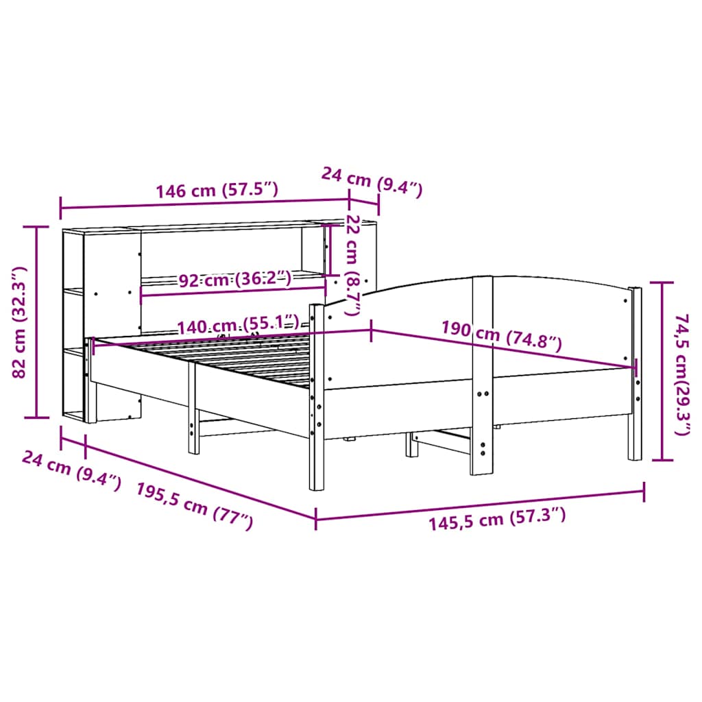 Krevet s regalom za knjige bez madraca 140 x 190 cm od borovine
