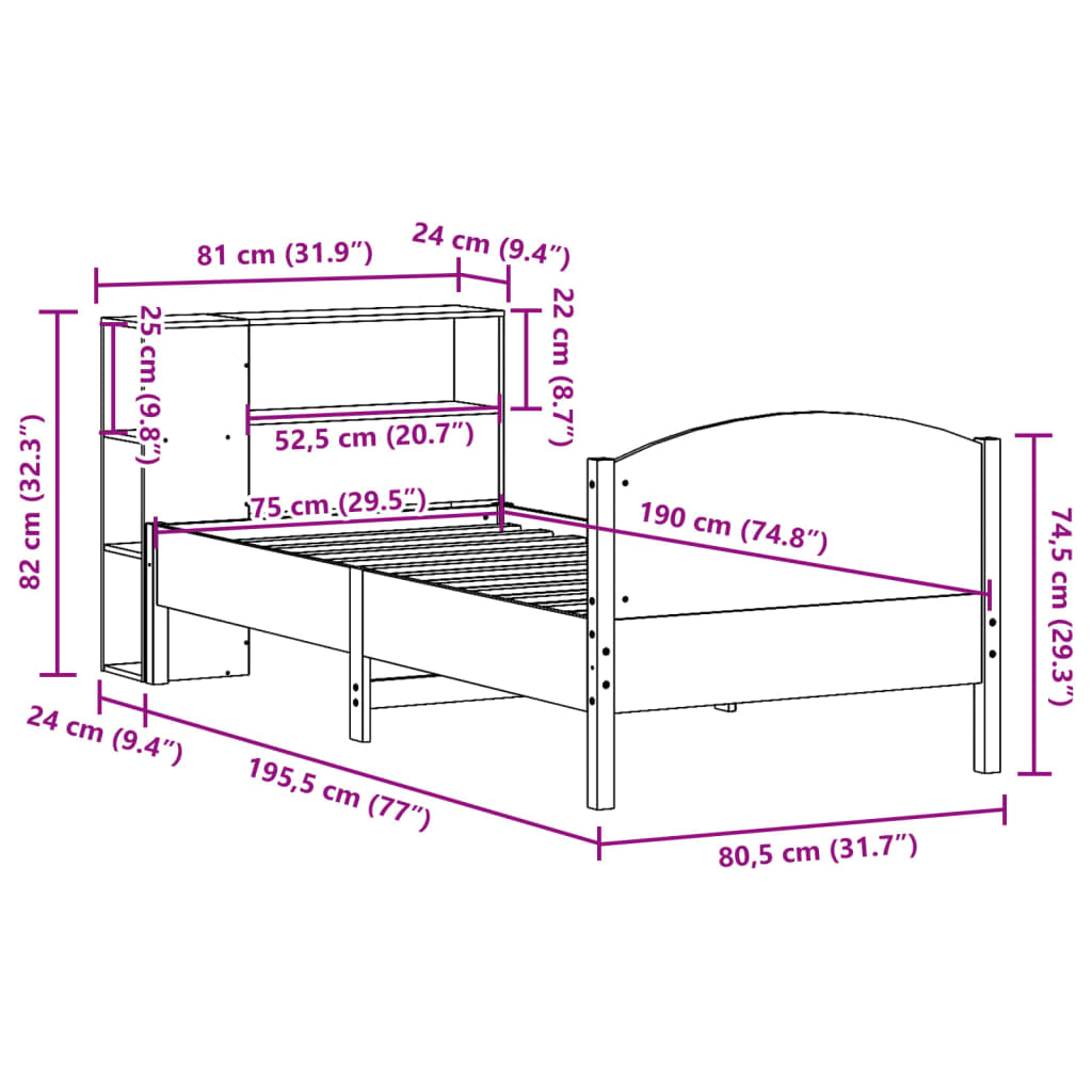 Krevet s regalom za knjige bez madraca bijeli 75x190cm borovina
