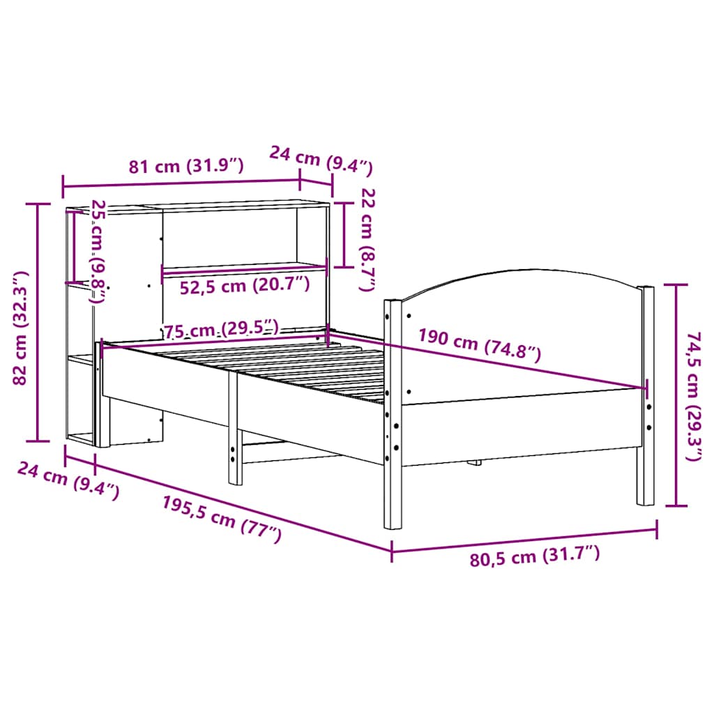 Krevet s regalom za knjige bez madraca 75 x 190 cm od borovine