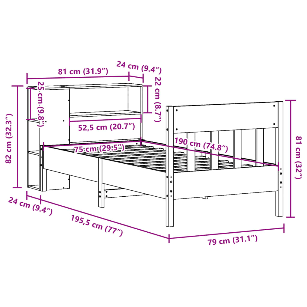 Krevet s regalom za knjige bez madraca bijeli 75x190cm borovina