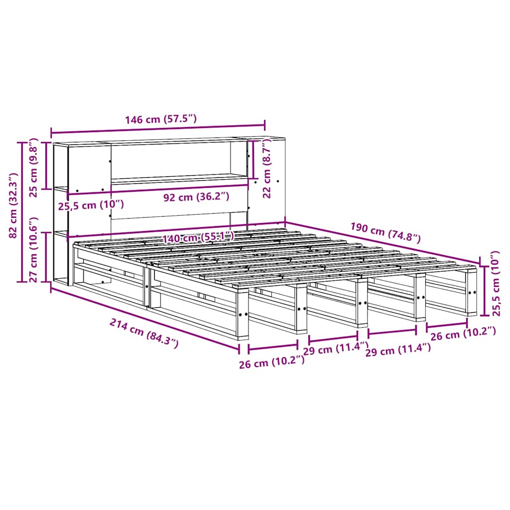 Krevet s regalom za knjige bez madraca bijeli 140x190cm od drva