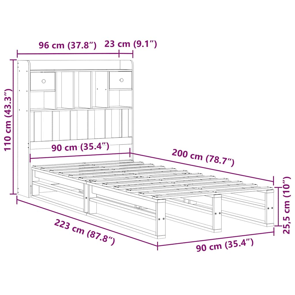 Krevet s regalom za knjige bez madraca bijeli 90x200cm borovina