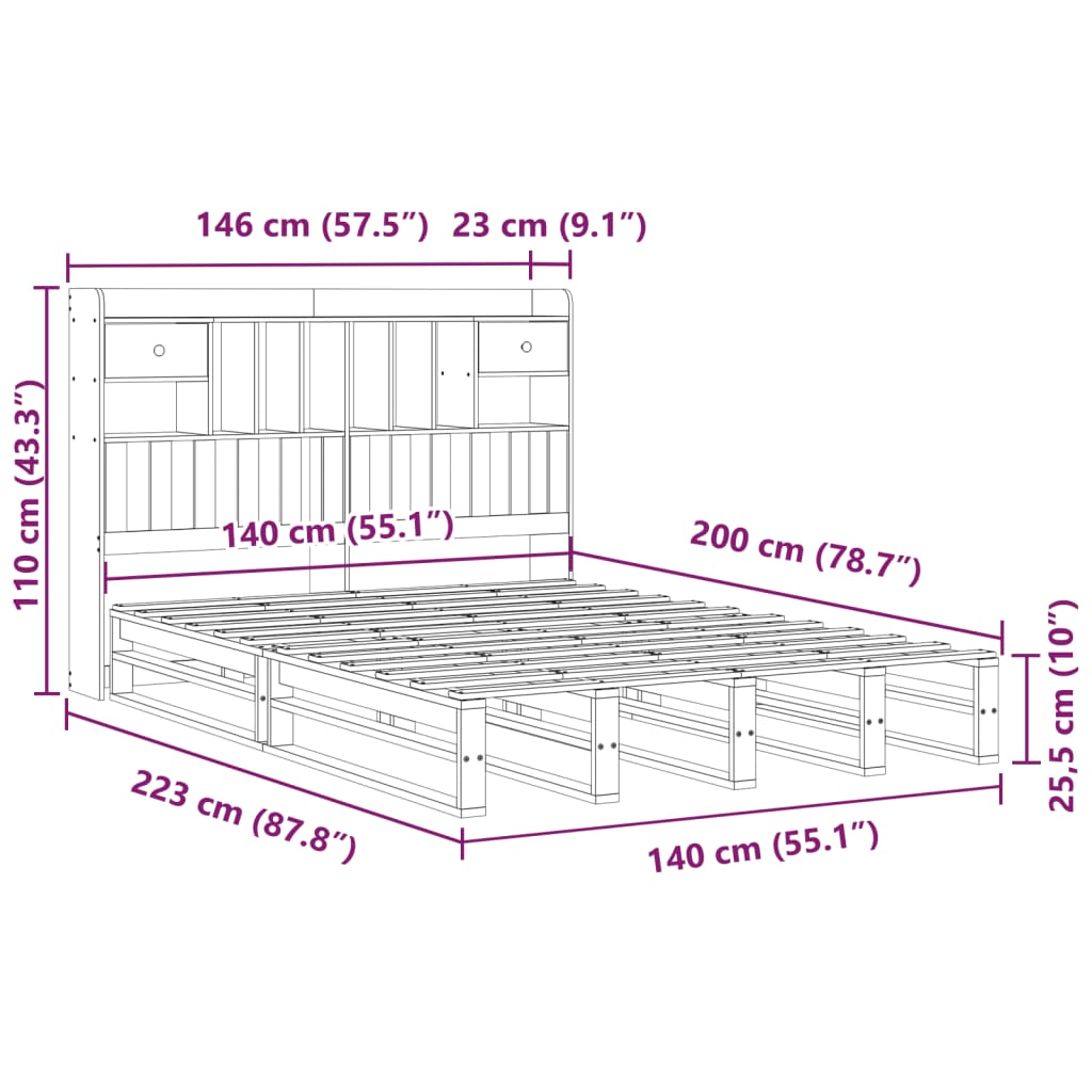 Krevet s regalom z knjige bez madraca bijeli 140x200cm borovina