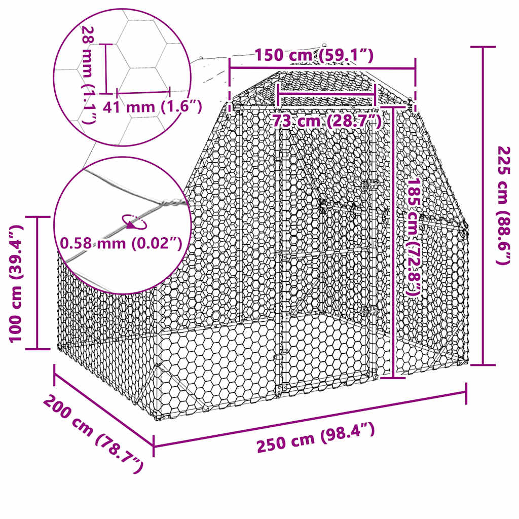 Kavez za kokoši s krovom 2,5x2x2,25 m pocinčani čelik