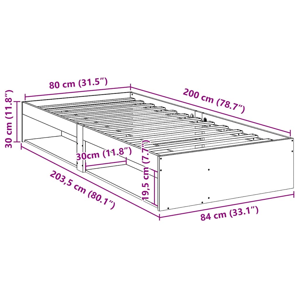 Dnevni krevet bez madraca bijeli 80 x 200 cm masivna borovina