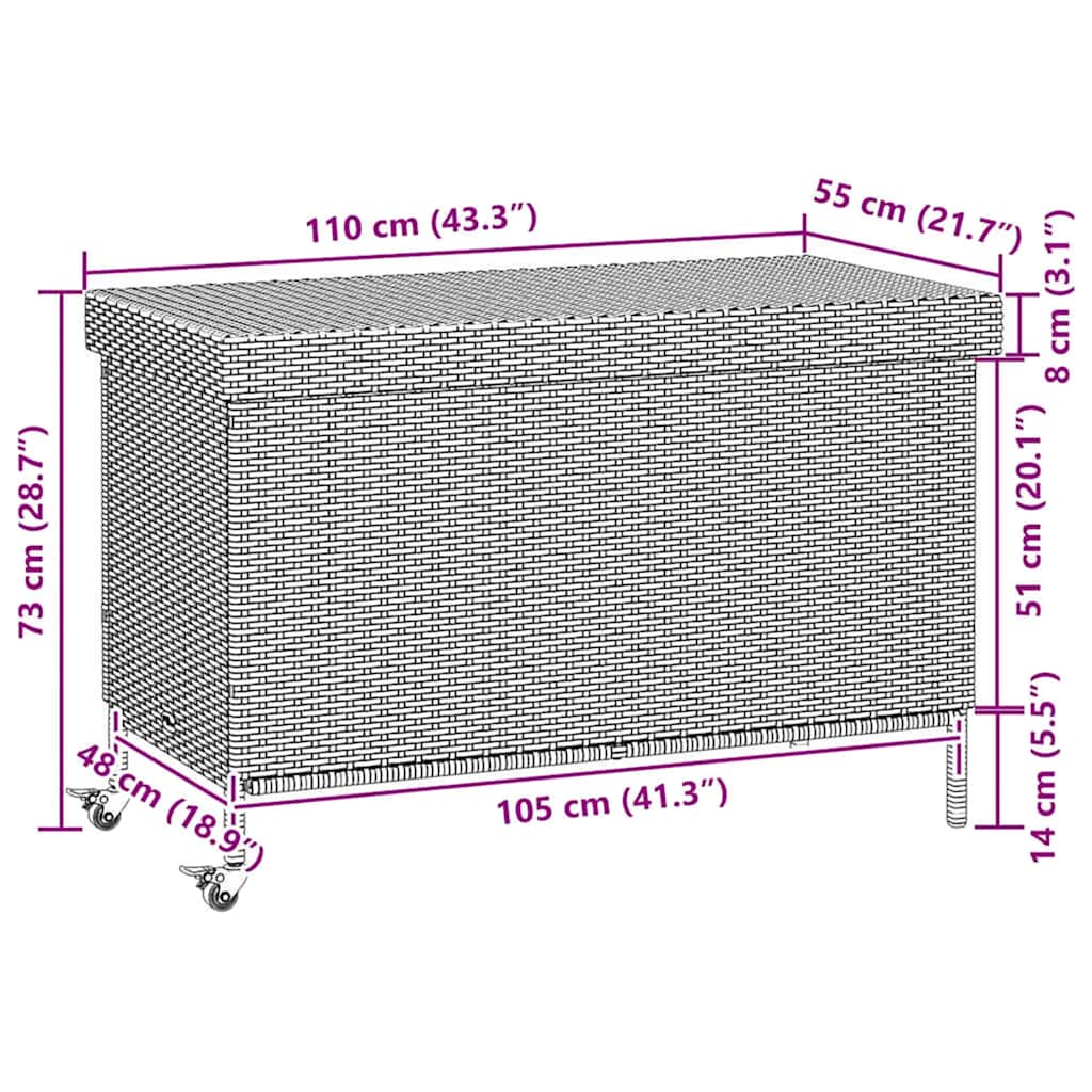 Vrtna kutija za pohranu s kotačima smeđa 110x55x73 cm poliratan
