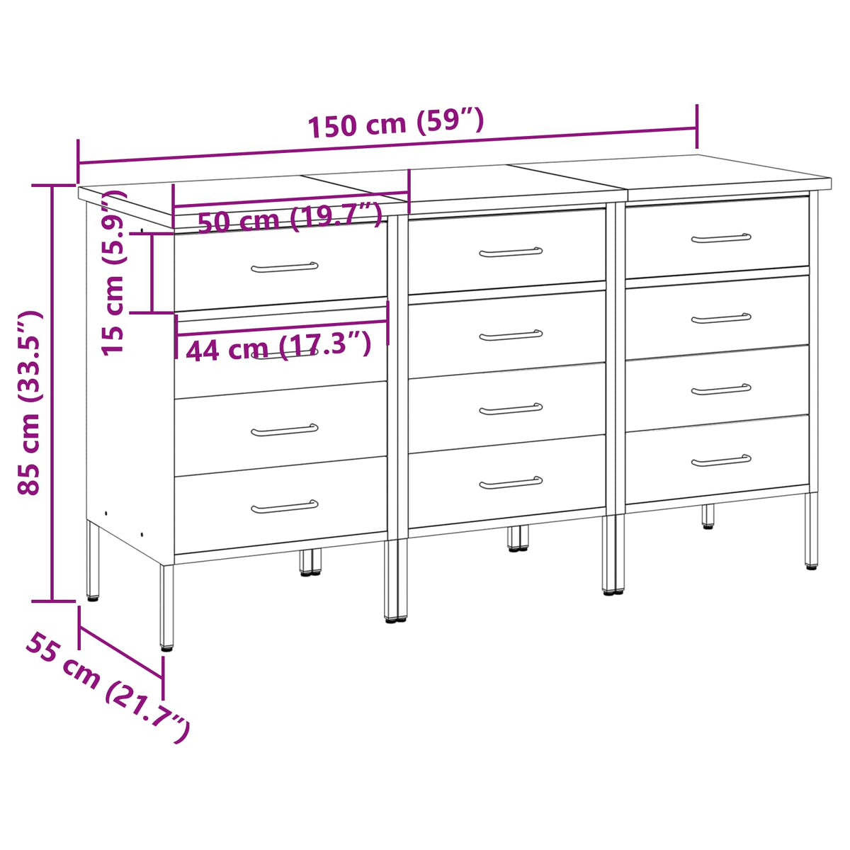 Radni ormar s ladicama 3 pcs Crna i Siva 150 x 55 x 85 cm