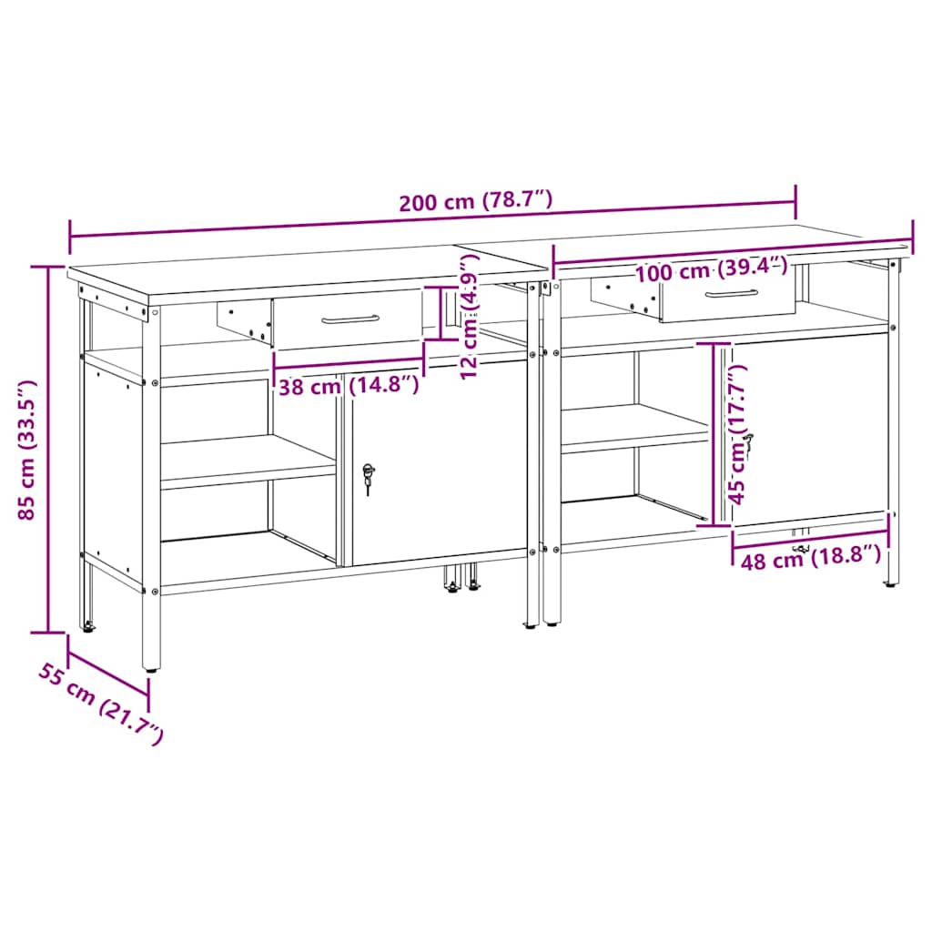 Set radnog stola s ladicama 2 pcs Crna i Siva 200 x 55 x 85 cm