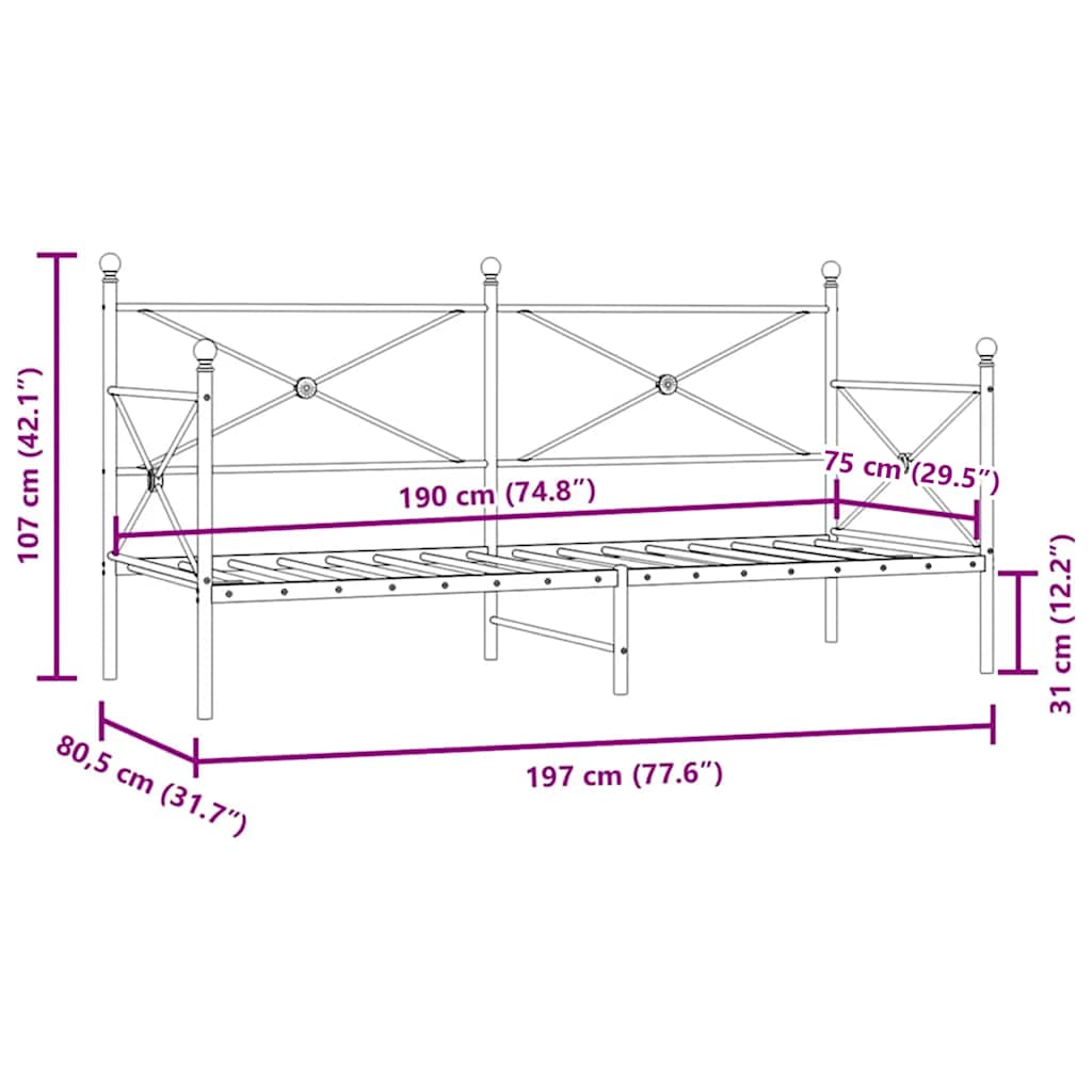 Dnevni krevet bez madraca crni 75x190 cm čelik