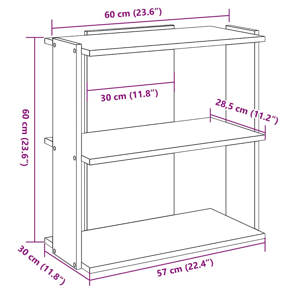Regal za knjige s 3 razine boja hrasta 60x30x60 cm drveni