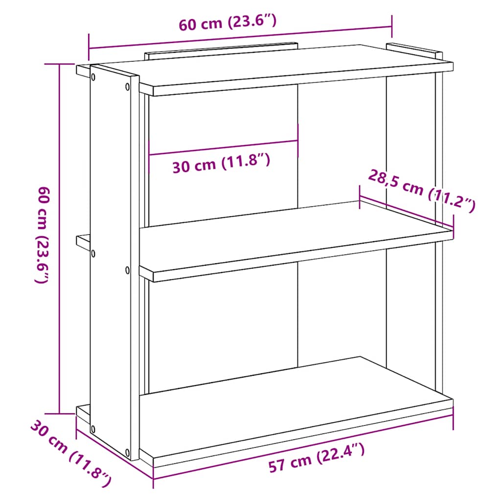 Regal za knjige s 3 razine siva boja hrasta 60x30x60 cm drveni