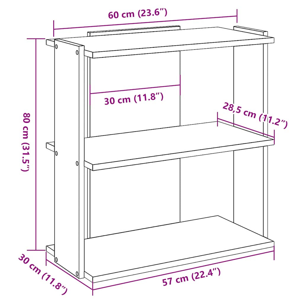 Regal za knjige s 3 razine boja hrasta 60x30x80 cm drveni