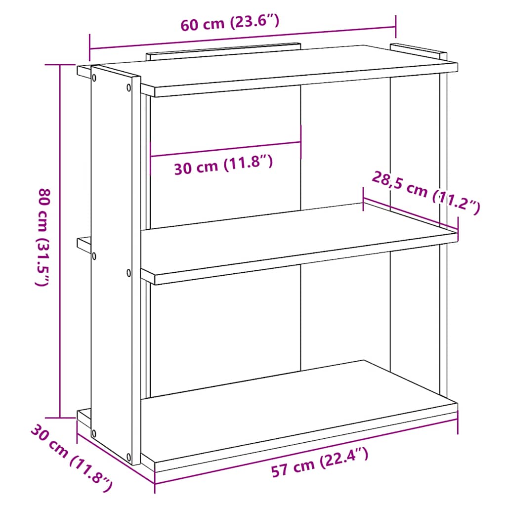 Regal za knjige s 3 razina boja hrasta 60x30x80 cm drveni