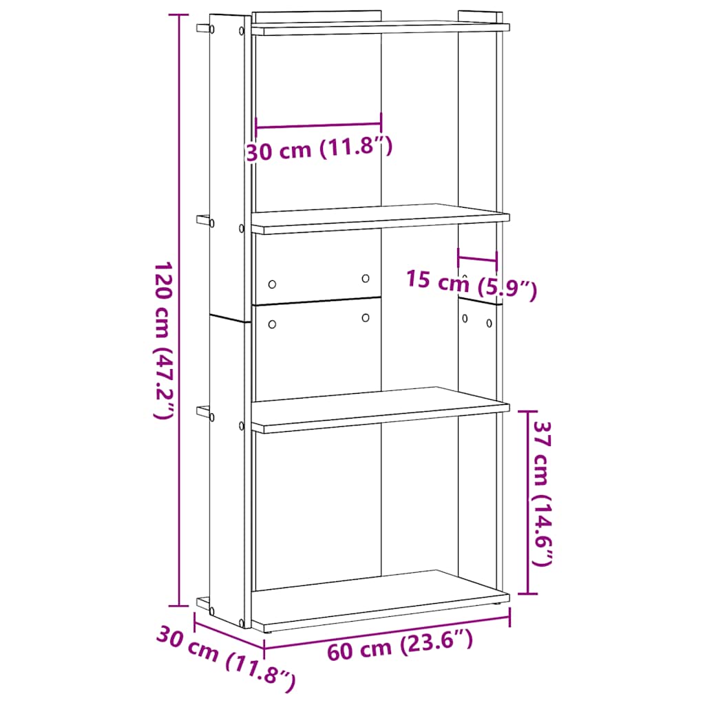 Regal za knjige s 3 razine boja hrasta 60x30x120 cm drveni