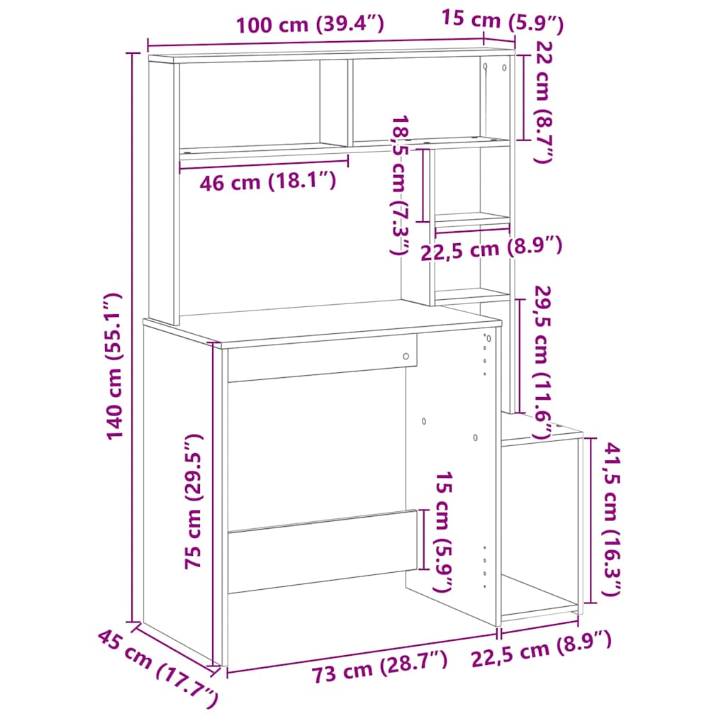 Radni stol s policama siva boja hrasta 100x45x140 cm drveni