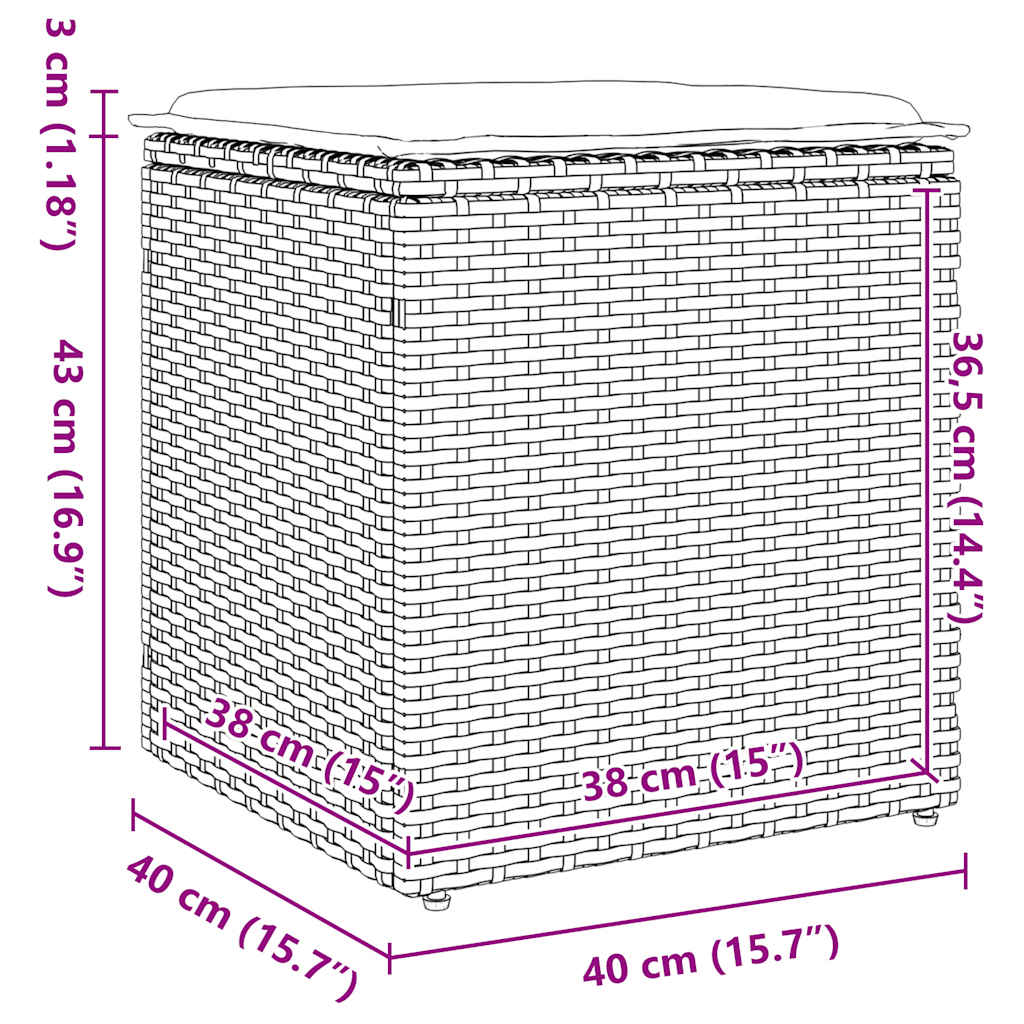 Vrtni tabure s jastucima 2 kom crni 40x40x43 cm poliratan
