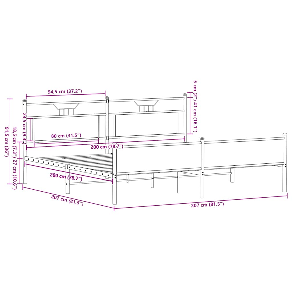 Metalni okvir kreveta bez madraca boja hrasta 200x200 cm