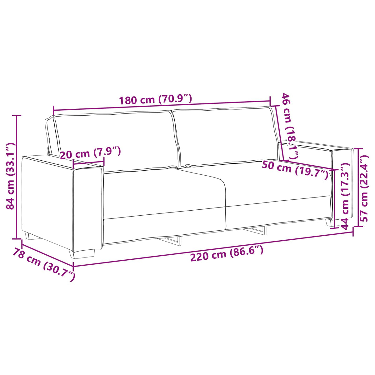 Sofa 3 pcs Svijetlo siva 220 x 80 x 84 cm Platnasta tkanina