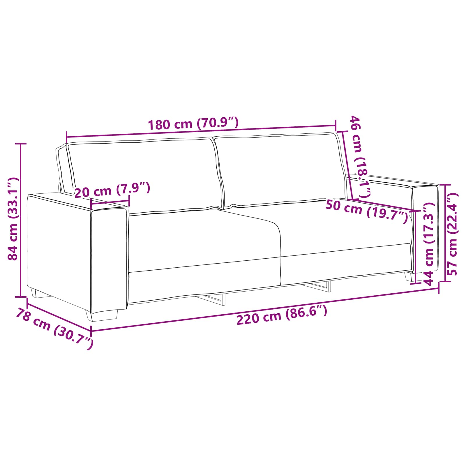 Sofa 3 pcs Crna 220 x 80 x 84 cm Platnasta tkanina