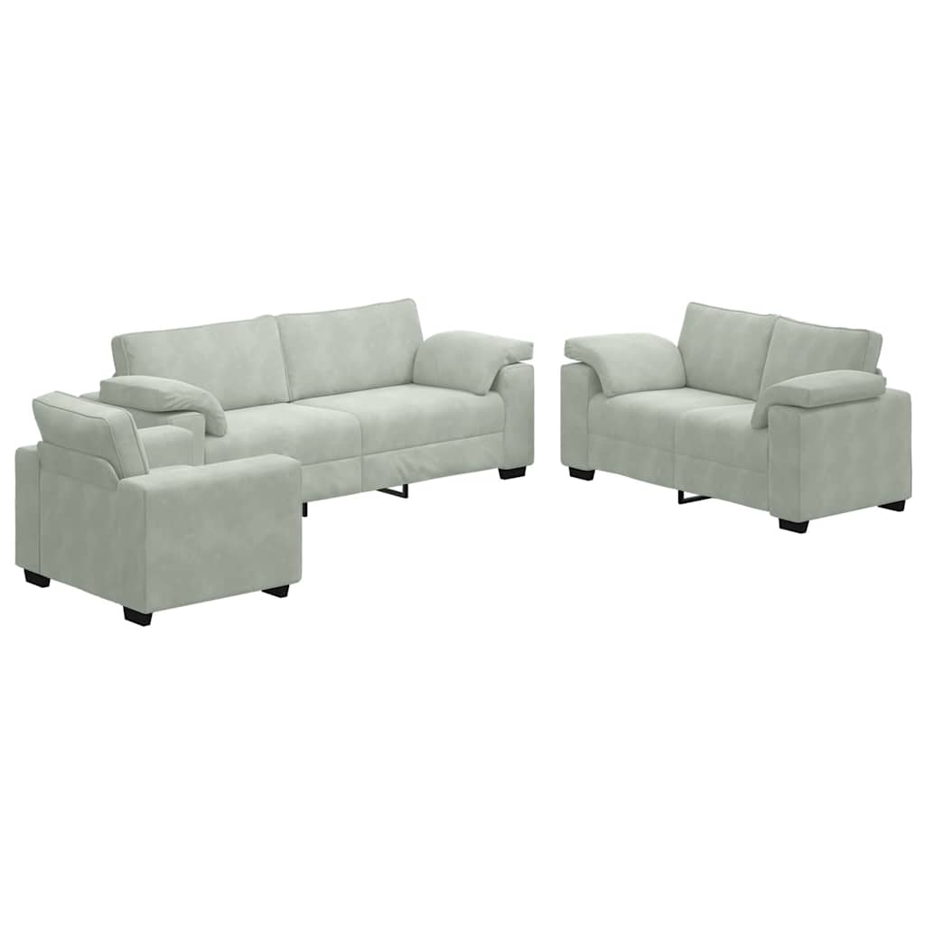 3-dijelni set sofa s jastucima, svijetlo sivi baršun